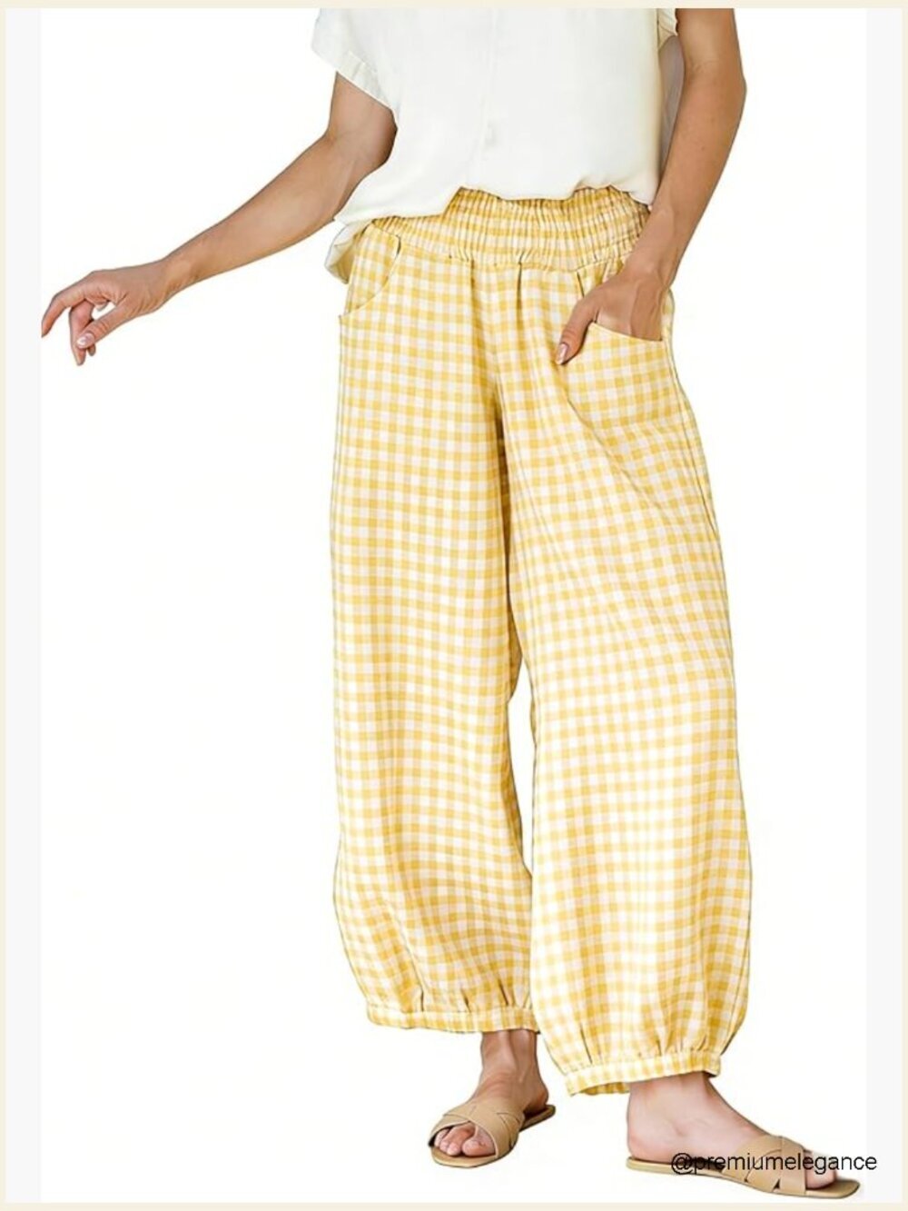 Gingham Plaid High Waisted Wide Leg Pants with Pockets